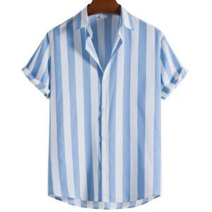 Manfinity Homme Vertical Striped Button Up Shirt White Blue L